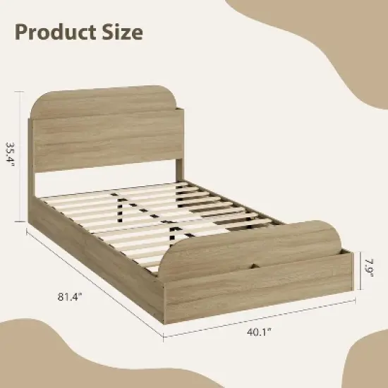 Twin Size Wood Bed Frame with Storage Headboard and Raised-Foodboard for Kid, Twin-Floor Low Platform Bed for Bedroom, No Box Spring Needed image {1}