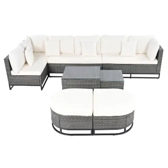 FIONECA 7-Piece Outdoor Wicker Sectional Sofa Set with 2 Coffee Tables, Free-Combination Patio Furniture with Cushions &uml;C Beige image {7}
