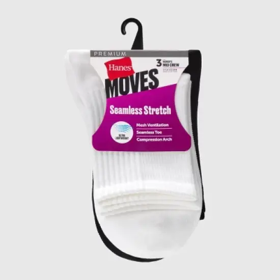 Hanes Women's Moves Premium Seamless Stretch 3pk Mid Crew Socks - White/Black 5-9: Y-Heel Stitching, Arch Support image {1}