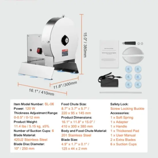 VEVOR Electric Vegetable Slicer, 0-0.5"/0-12mm Thickness Adjustable Commercial Slicer Machine, Convertible to Manual, Stainless Steel Food image {7}