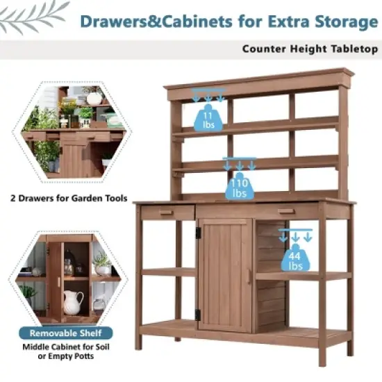 Whisen Outdoor Farmhouse Wooden Potting Bench Table, Garden Workstation with Drawers, Cabinet and Open Shelves image {2}