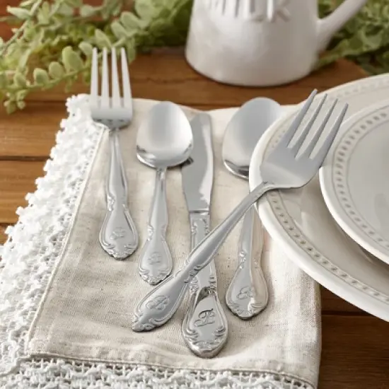 RiverRidge Rose Flatware 46pc Monogrammed Stainless Steel Silverware Set for 8 image {1}