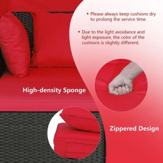 Tangkula Patio Hand-Woven PE Wicker Daybed Outdoor Loveseat Sofa Set w/ Red Cushions image {6}