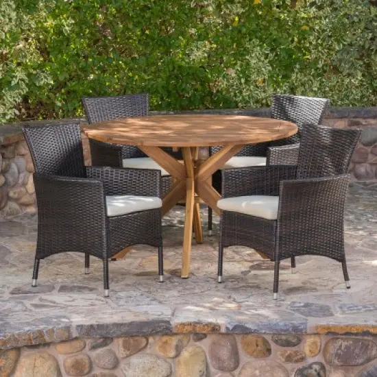 Christopher Knight Home Carroll Outdoor Wicker and Acacia Wood 5 Piece Dining Set with Cushion image {1}