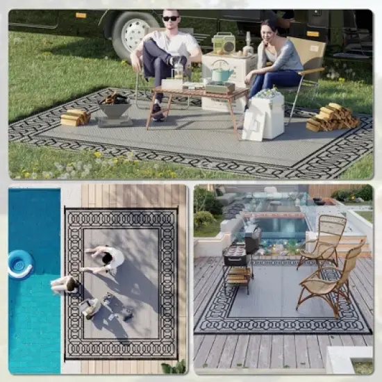 DOMETOUR Reversible Outdoor Rug, 9' x 12' Waterproof Mat, Portable RV Camping Carpet, Backyard, Deck, Picnic, Beach, Black & Gray Border image {3}