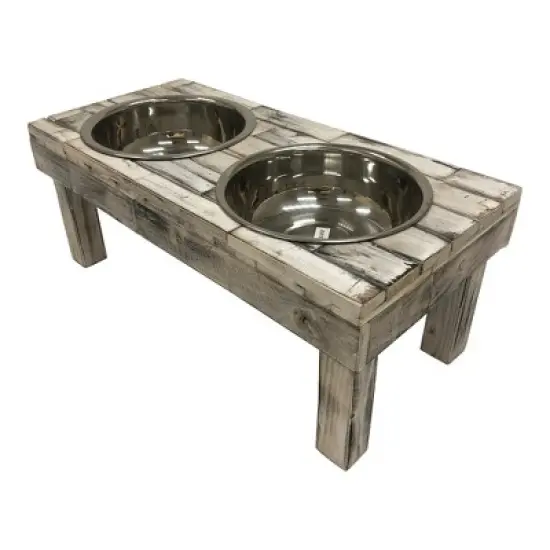 Huntley Pet Berjen Table Elevated Double Bowl Feeder, White Wash (Large) image {5}