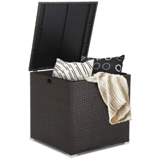 Tangkula 72 Gallon Deck Box Outdoor Mix Brown Wicker Storage Box with Waterproof Zippered Liner and Safe Pneumatic Rod image {9}