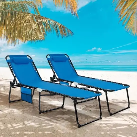 Costway 2 PCS Folding Chaise Lounge Chair Portable Sun Lounger with Adjustable Backrest Grey/Navy image {9}