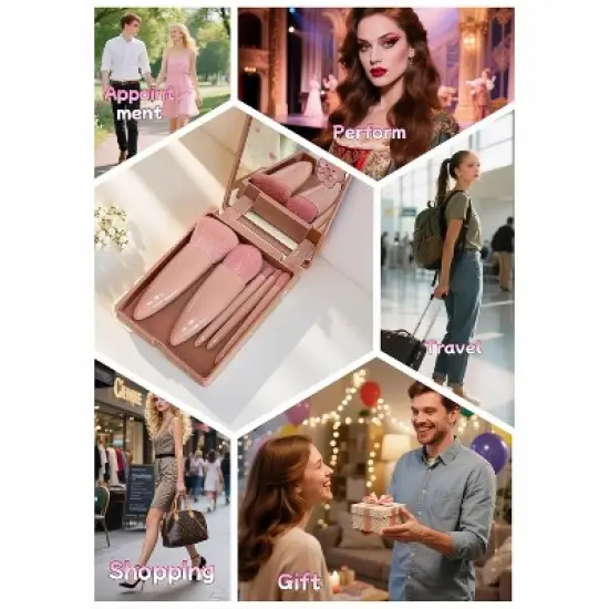 BABYYER 5-Piece Makeup Brush Set with Mirror & Travel Case Hypoallergenic Vegan Bristles for Sensitive Skin,for On-the-Go Touchups (Pink) image {4}