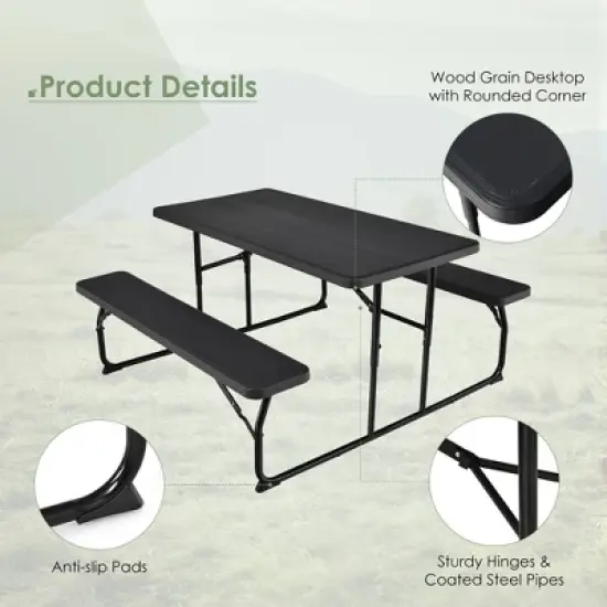 Costway Folding Picnic Table & Bench Set for Camping BBQ w/ Steel Frame White/Balck image {3}