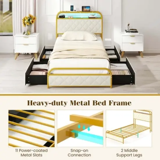 Costway Twin/Full/Queen Size Bed Frame with LED Lights & Charging Station Storage Headboard & Drawers Golden image {4}