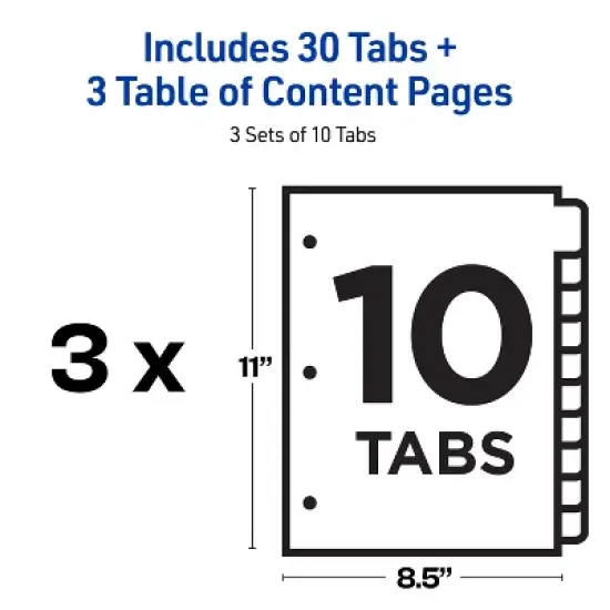 Avery Dividers for 3 Ring Binders, 10 Tabs per Set, Customizable Table of Contents, Multicolor Tabs (3 Sets of 11072) image {3}