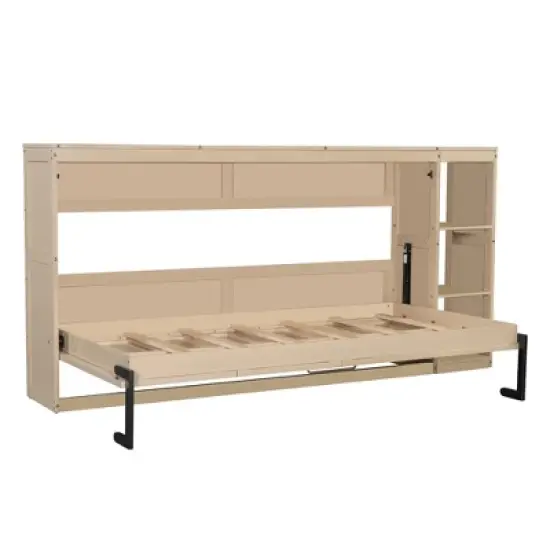 Twin/Full Size Murphy Bed Multifunctional Foldable Platform Bedframe with Bookshelf, Natural/White-ModernLuxe image {7}