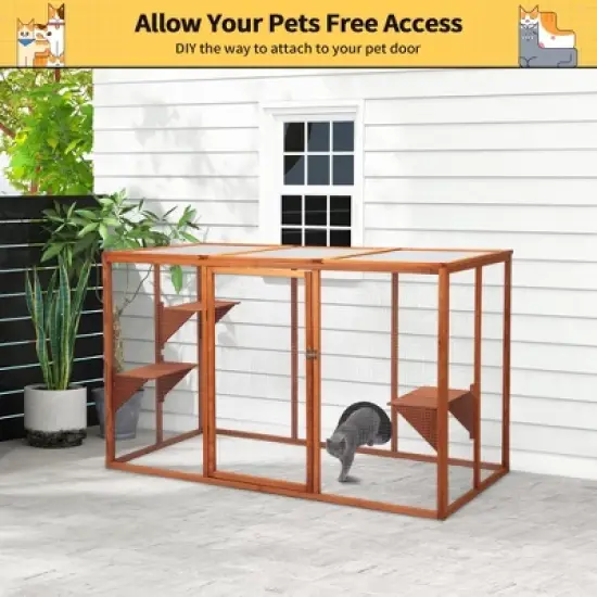 Sandinrayli Outdoor Cat House, Wood Cat Catio with Sunshine Panel, Orange image {6}