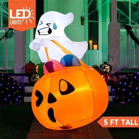 Joyfy 5 FT Halloween Inflatables Outdoor Decorations, Inflatable Cute Ghost Lift Pumpkin Candy Bag with LEDs for Halloween Yard Garden Lawn Decoration image {2}