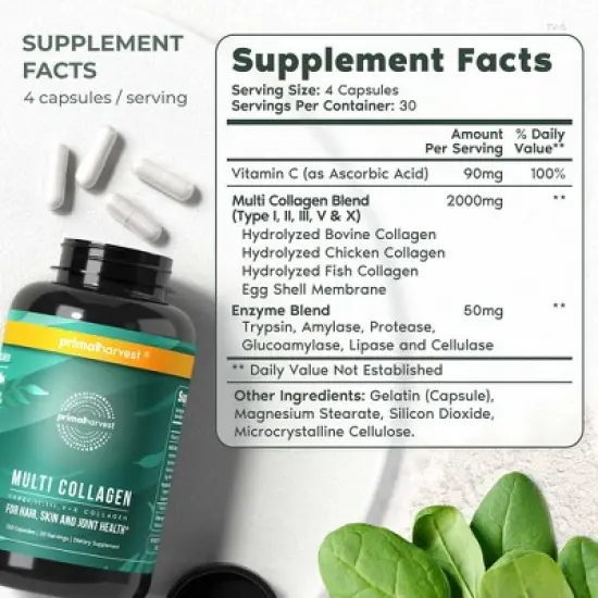 Primal Harvest Multi Collagen Pills for Women and Men (Type I, II, III, V, X) 120 Capsules w/Vitamin C for Hair, Skin, Nails image {1}