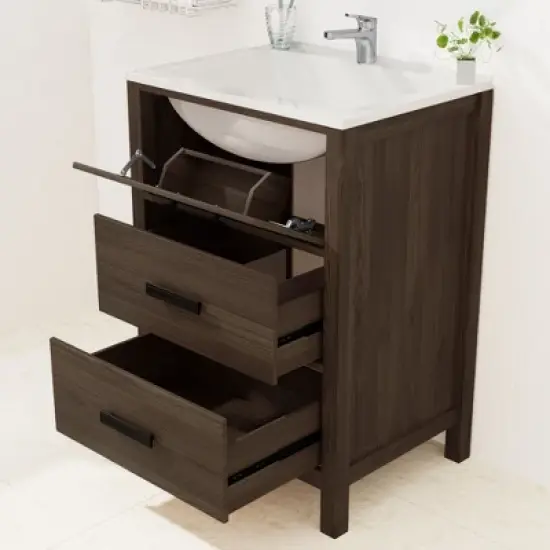 Hyleory 24" KD Freestanding Bathroom Vanity with Resin Single Sink, 3 Drawers image {6}