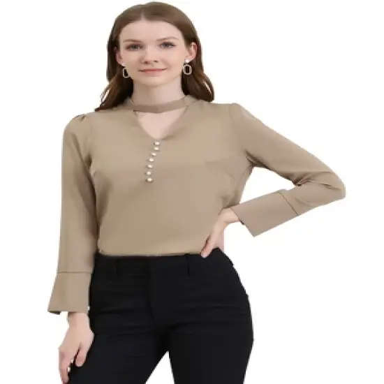 Allegra K Women's Keyhole Stand Collar Blouse Long Sleeve Button Front Work Blouses image {7}