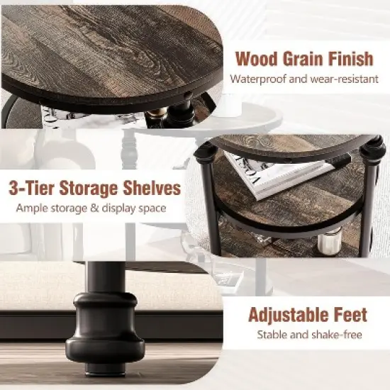 GustoWave Round End Table With Storage Shelves, 3-Tier Round Farmhouse Side Table W/Mental Support Legs For Living Room Bedroom ，Dark Oak image {2}
