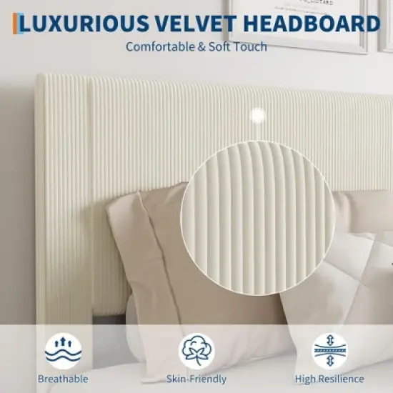 Bed Frame Upholstered Platform Size Bed with Fabric Headboard, Non-Slip and Noise-Free, Wooden/Metal Slats Support image {3}