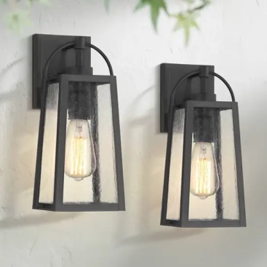 Possini Euro Design Woodley 13" High Modern Outdoor Wall Light Fixture Mount Porch House Set of 2 Weatherproof Sand Black Aluminum Seeded Glass Shade image {1}