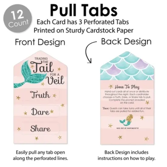Big Dot of Happiness Trading the Tail For A Veil - Mermaid Bachelorette or Bridal Shower Game Pickle Cards - Truth, Dare, Share Pull Tabs - Set of 12 image {2}