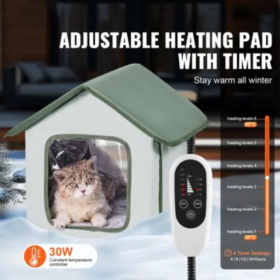 VEVOR Elevated Heated Cat House, Outdoor Kitty Shelter with Adjustable Temperature and Timer, 600D Oxford Cloth Foldable Cat Shelter, Green (Small) image {2}
