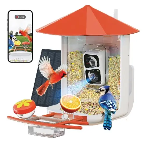 PerchMe&trade; AI-Recognition Smart Bird Feeder with Camera, Solar-Powered (Vermilion Canopy) image {1}