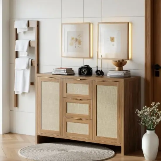 Modern Rattan Buffet Cabinet Sideboard with Storage,47" Boho Credenza Buffet Console Table with Drawers&Doors,Wooden Coffee Bar Cabinet image {2}