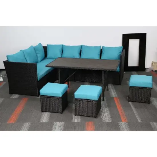 Cesicia 7-Piece Dark Blue Sofa Set, Garden Patio Wicker Sectional Sofa Set with Coffee Table Fit for Both Indoor And Outdoor image {1}