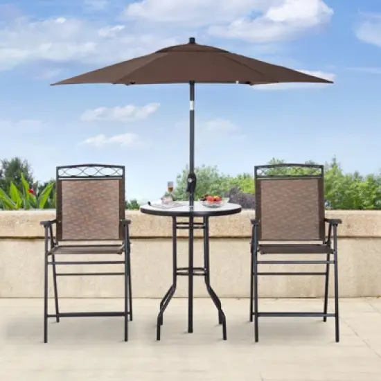 Outsunny 4 Piece Patio Bar Set for 2 with 6' Adjustable Tilt Umbrella, Outdoor Bistro Set with Folding Chairs & Glass Round Dining Table image {2}