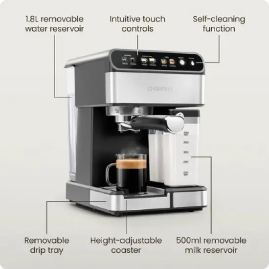 Chefman Barista Pro Espresso Maker Stainless Steel Finish: 1350W Electric Coffee Machine, Dishwasher-Safe Parts, 1.8L Capacity image {6}