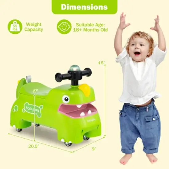 Babyjoy Ride on Toy Baby Dinosaur Sliding Car with4 Universal Casters Under-Seat Storage Green/Pink/White/Yellow image {2}