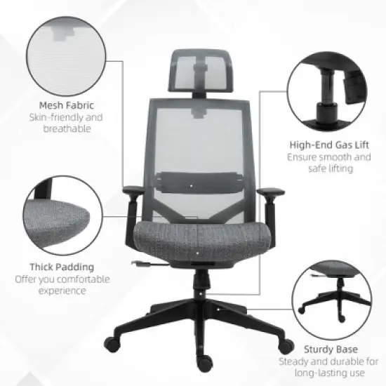 Vinsetto Mesh Fabric Home Office Task Chair with High Back, Adjustable Seat, Recline, Headrest and Lumbar Support, Gray image {5}