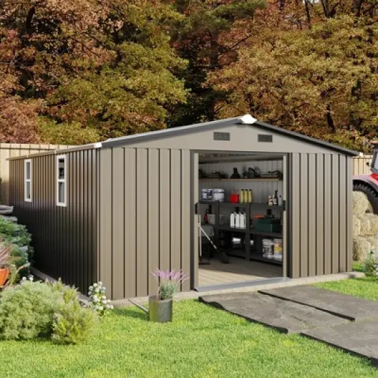 10x12 FT Outdoor Storage Shed, Large Metal Garden Shed with 2 Windows, Tool Sheds with Lockable Sliding Doors image {7}