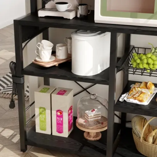 Bakers Rack with Power Outlet, 5-Tier Microwave Stand with Wire Basket, Coffee Bar Station, Kitchen Open Storage Shelves for Spices, Dishes image {7}