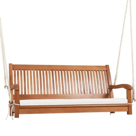 Tangkula 2-Seat Patio Hanging Wooden Porch Swing Bench w/ Cushion image {8}