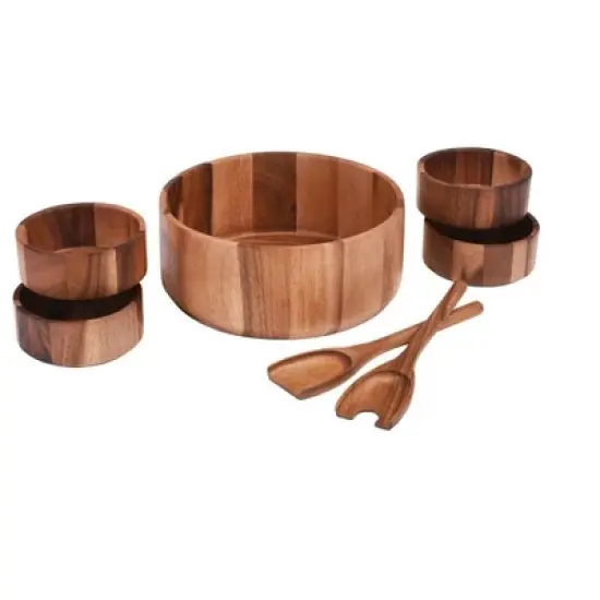 Kalmar Home Acacia Wood 7 Piece - Extra Large Salad Bowl with Servers and 4 Individual bowls image {1}