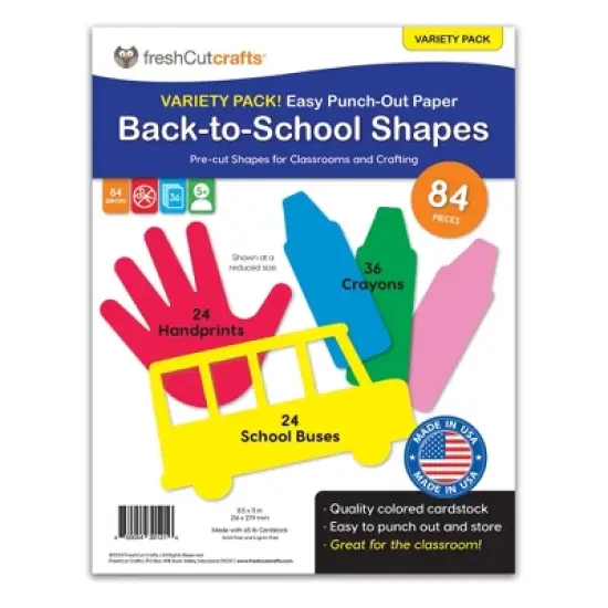FreshCut Crafts Punch Out Paper Cutouts, Back to School Shapes, Handprints, Crayons & School Bus, 84 Pieces image {5}