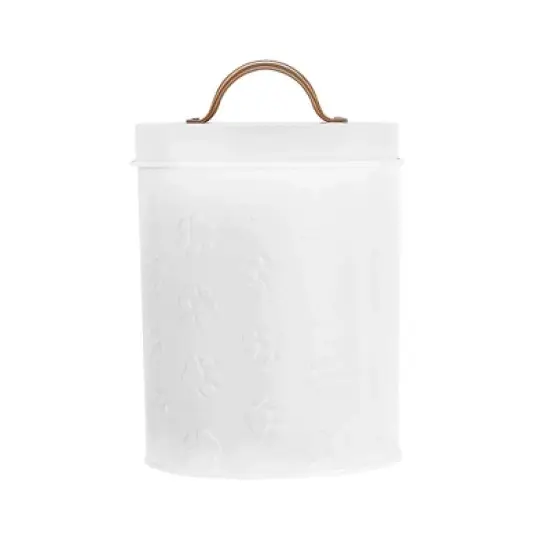Amici Pet Small White Metal Canister (8" H x 5.5" L) - Airtight Gasket Lid & Handle, Embossed with Puppy Paws - Decorative Pet Food Storage Jar, 64 Oz image {4}