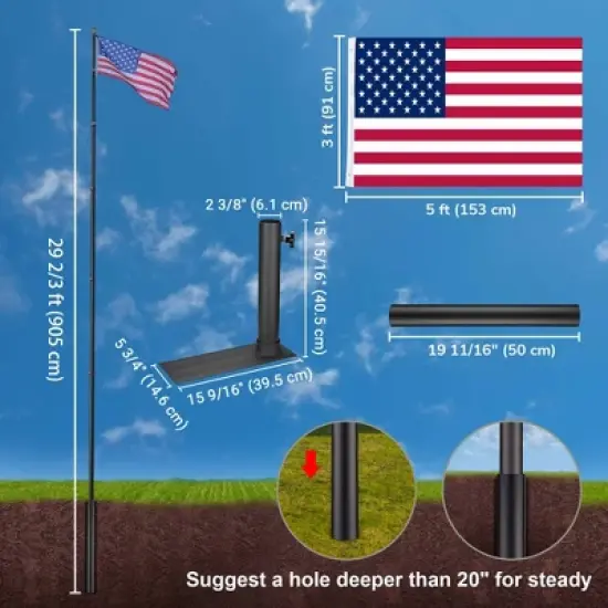 Yescom EZ GO 30ft Telescopic Flag Pole Kit Wheel Tire Mount Stand Upgrade Rotating Lock Outdoor Camper RV Tailgate Black image {3}