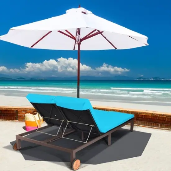 Costway 2-Person Patio Rattan Lounge Chair Chaise Recliner Adjustable Cushion Turquoise image {3}