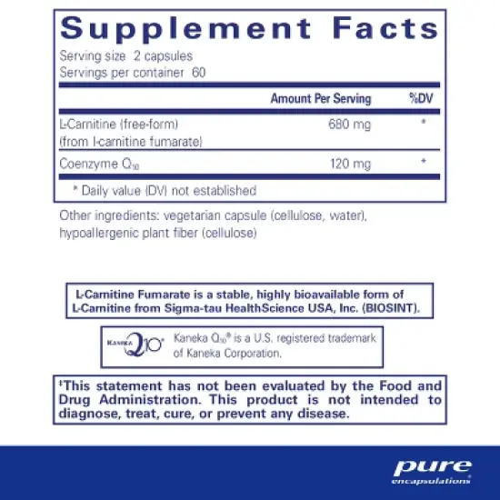 Pure Encapsulations CoQ10 l-Carnitine Fumarate - Ultra-Charged Cardiovascular Support - 120 Capsules image {1}