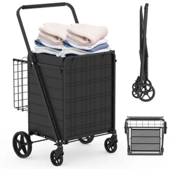 Shopping Cart with Shelf,Grocery Cart on Wheels, Foldable Utility Shopping Carts with 360&deg; Rolling Swivel Wheels for Groceries Laundry image {10}
