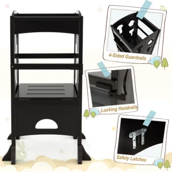 Costway Folding Kitchen Kids Step Ladder Stool Wooden Toddler Safety Tower Helper Coffee/White image {8}