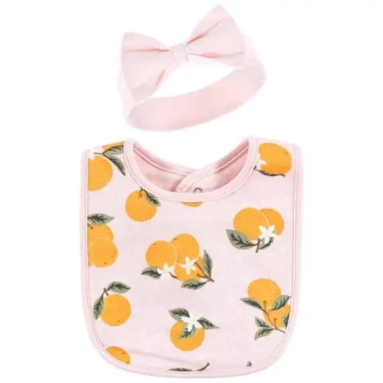 Hudson Baby Infant Girl Cotton Bib and Headband or Caps Set, Citrus Orange, One Size image {3}