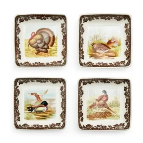 Spode Woodland Set of 4 Square Dishes, 3" - Dip Bowls - Assorted Animal Designs, Porcelain Ceramic Hunting-Themed, Microwave & Dishwasher Safe image {6}