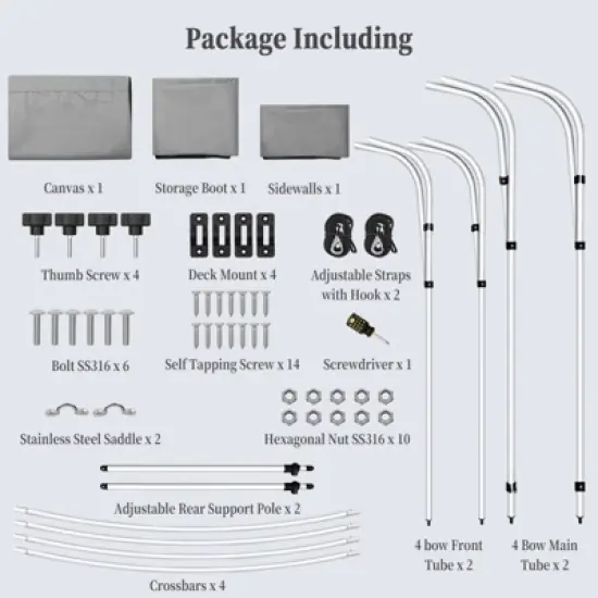 ODK 4 Bow Bimini Tops for Boat Cover with 1&rdquo; Aluminum Alloy Frame, Include 2 Straps, 2 Adjustable Rear Support Pole, Zippered Storage Boot, Gray image {7}