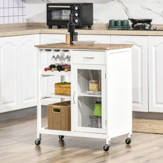 HOMCOM Utility Kitchen Cart, Rolling Kitchen Island Storage Trolley with Rack, Shelves, Drawer and Cabinet, White image {1}