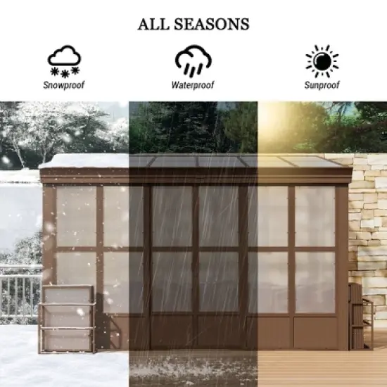 Mondawe 10x12FT Lean to Sunroom Wall Mounted Solarium with Sloping Polycarbonate Roof, Detachable Screens and 2 Lockable Sliding Doors image {9}